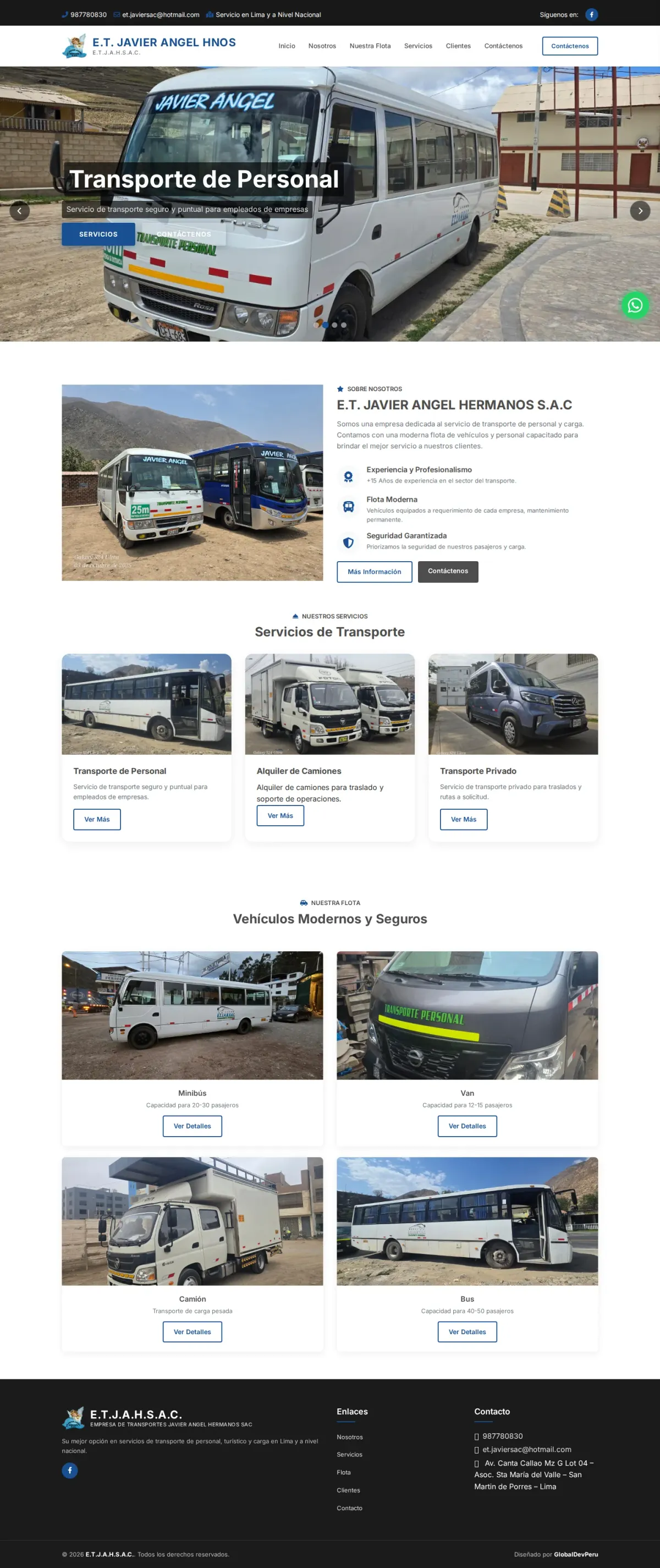 Página web corporativa de E.T. Javier Angel Hnos, transporte de personal y carga
