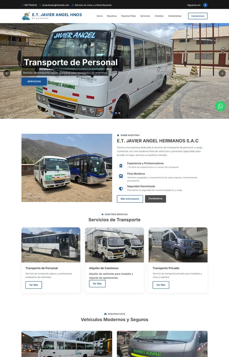 Página web corporativa de E.T. Javier Angel Hnos, transporte de personal y carga